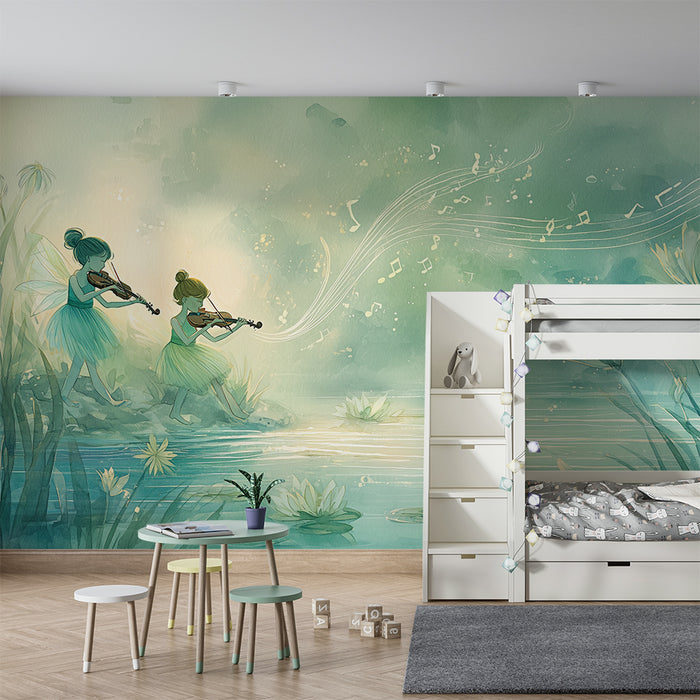 Papier peint chambre enfant | Fées musiciennes au bord de l'eau