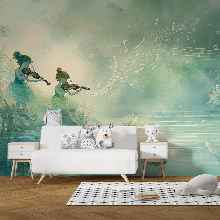 Papier peint chambre enfant | Fées musiciennes au bord de l'eau