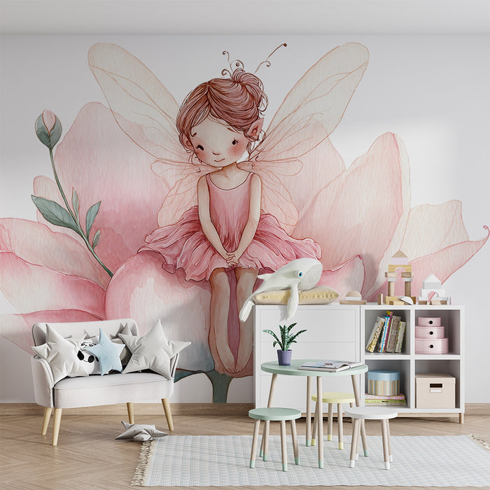 Babykamer behang | Fee op roze bloem