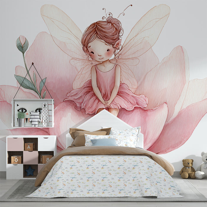 Babykamer behang | Fee op roze bloem