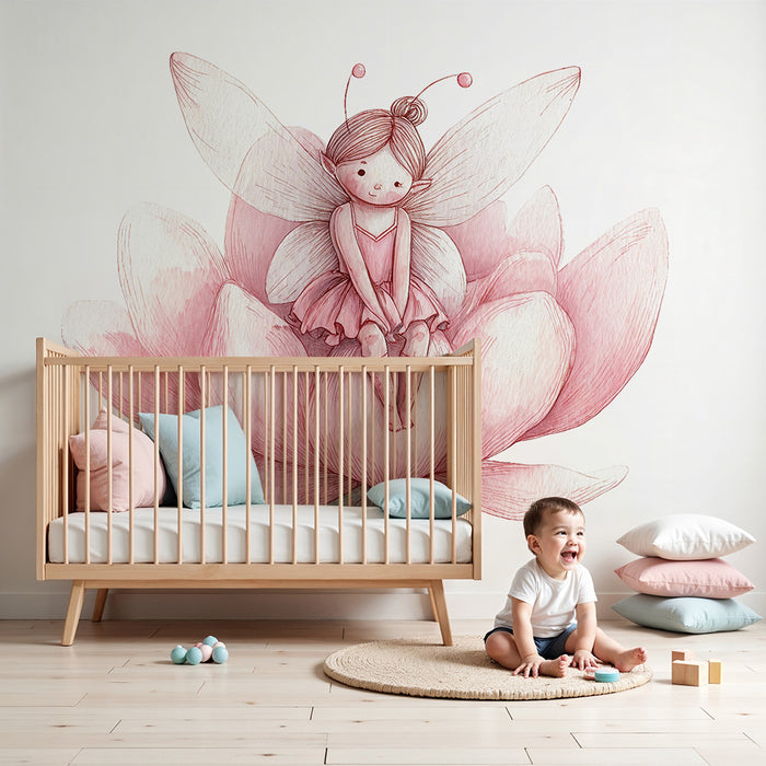 Babykamer behang | Delicate fee op roze bloem