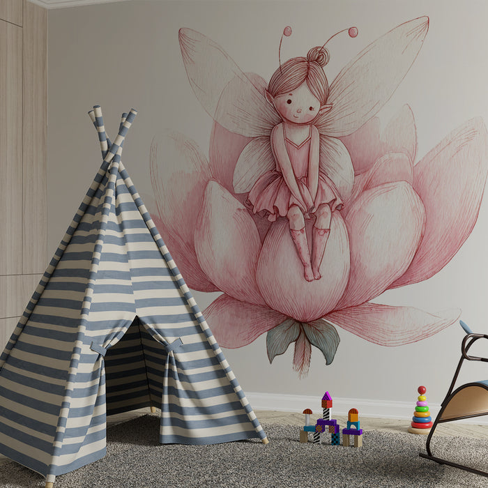 Babykamer behang | Delicate fee op roze bloem