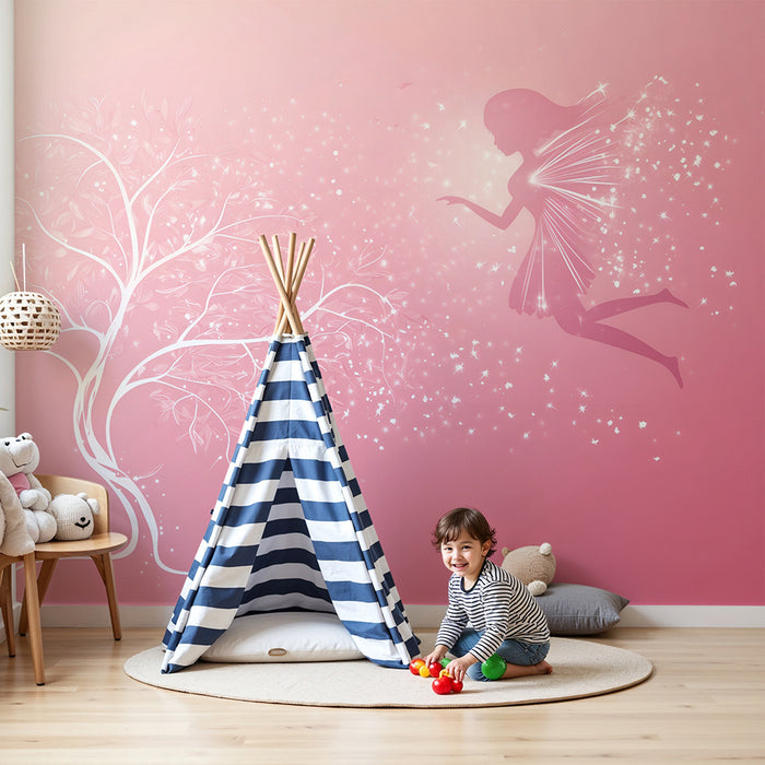 Lastenhuoneen tapetti | Lumottu keiju vaaleanpunaisella taustalla