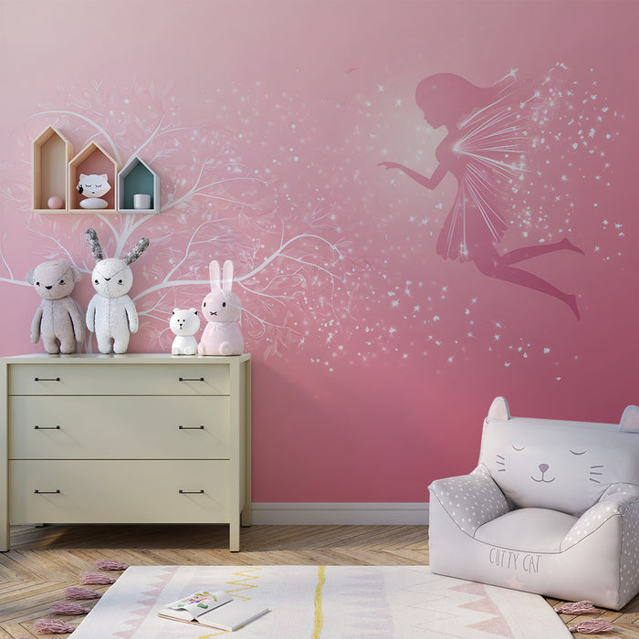 Lastenhuoneen tapetti | Lumottu keiju vaaleanpunaisella taustalla