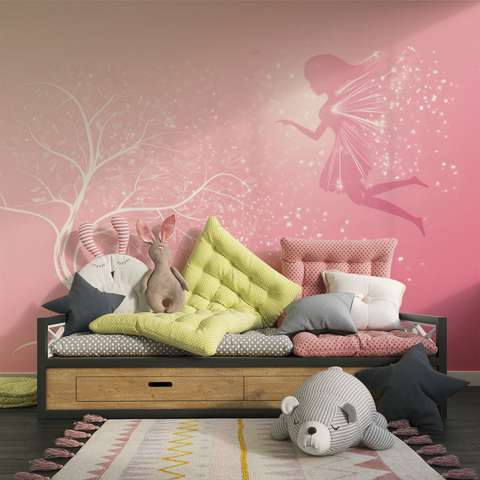 Lastenhuoneen tapetti | Lumottu keiju vaaleanpunaisella taustalla