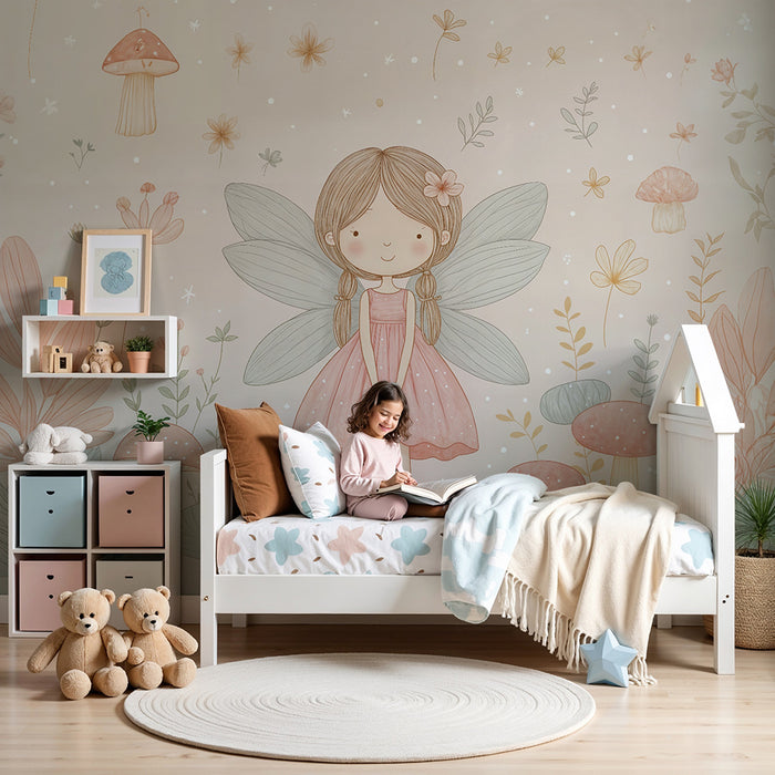 Papier peint féérique | Paysage enchanté avec fée et champignons
