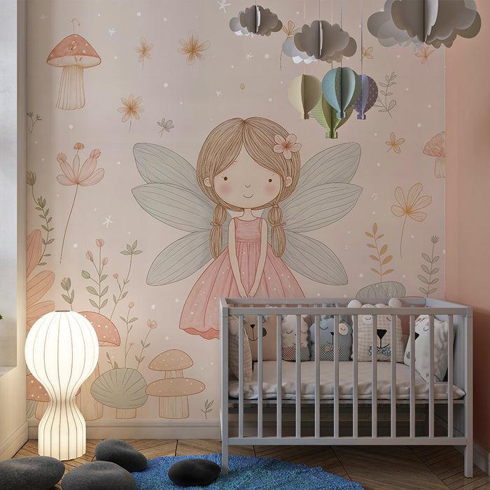 Papier peint féérique | Paysage enchanté avec fée et champignons