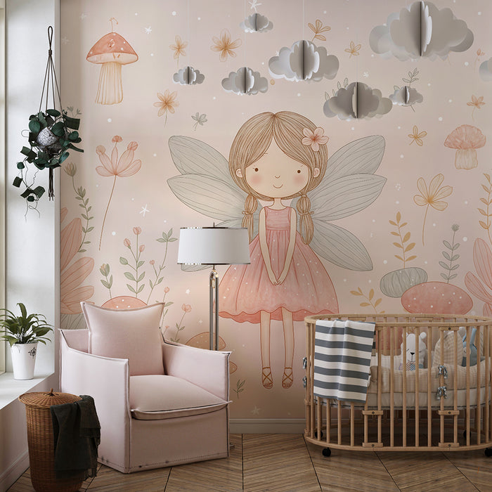 Papier peint féérique | Paysage enchanté avec fée et champignons