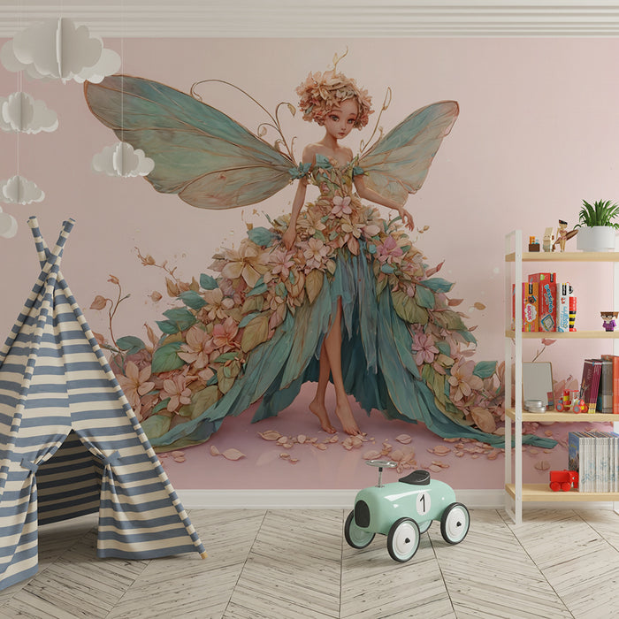 Papier peint féérique | Fée aux ailes pastels et robe florale