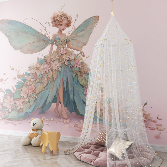 Papier peint féérique | Fée aux ailes pastels et robe florale
