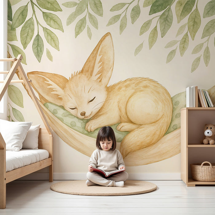 Papier peint renard endormi | Illustration féerique pour chambre d'enfant