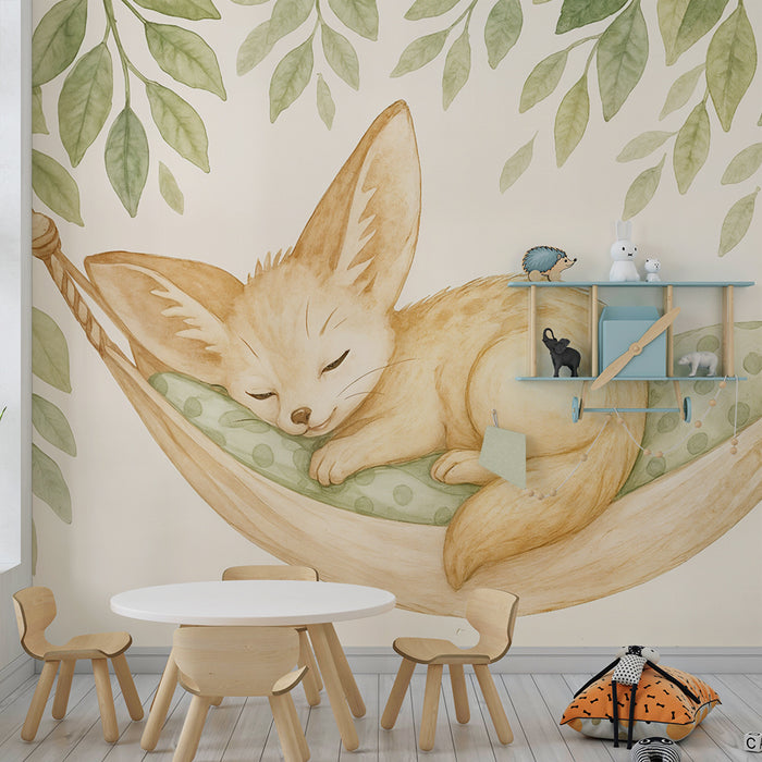 Papier peint renard endormi | Illustration féerique pour chambre d'enfant
