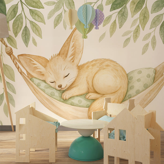 Papier peint renard endormi | Illustration féerique pour chambre d'enfant