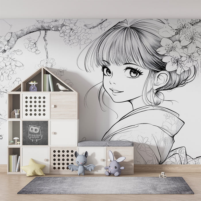 Papier peint chambre enfant | Fleurs de cerisier et portrait délicat