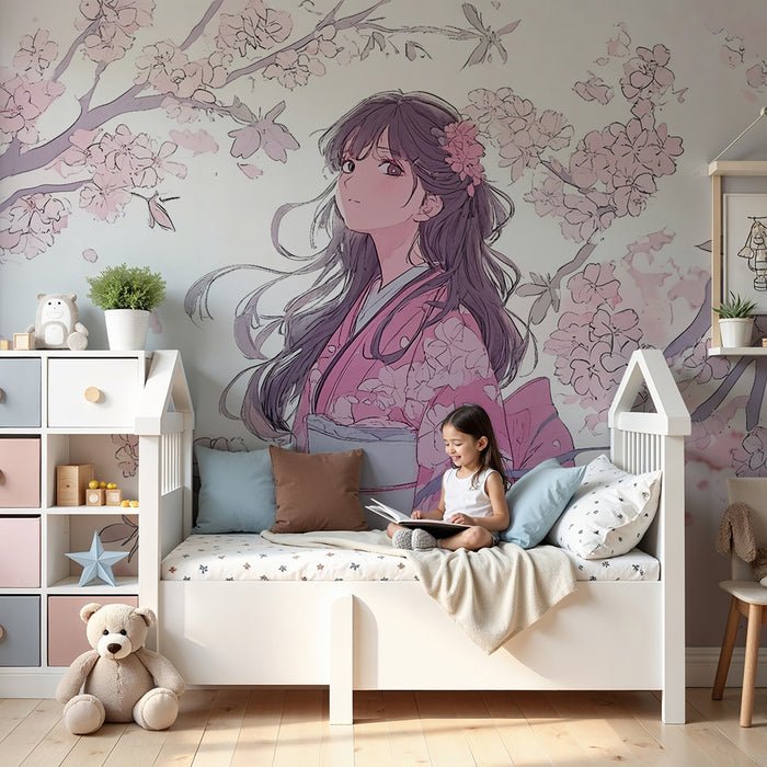 Papier peint chambre enfant | Fleurs de cerisier et kimono rose