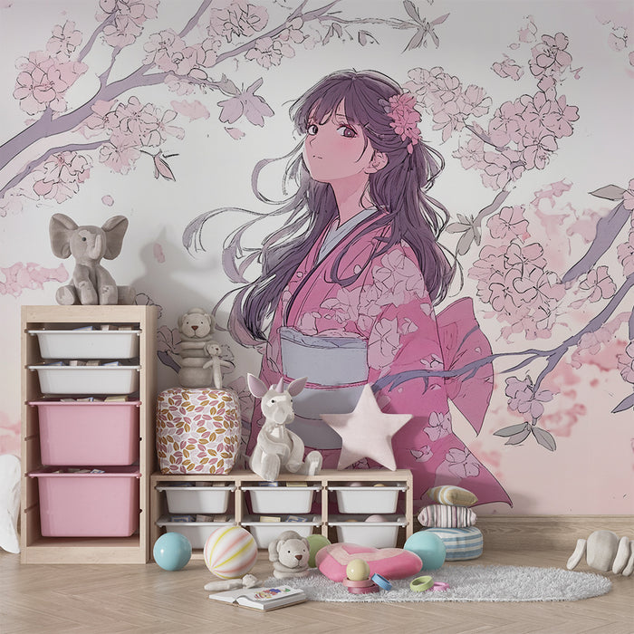 Papier peint chambre enfant | Fleurs de cerisier et kimono rose