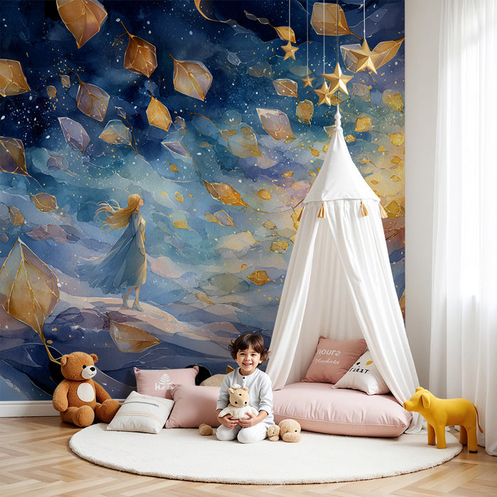 Børneværelse tapet | Oplyst drøm og gyldne blade