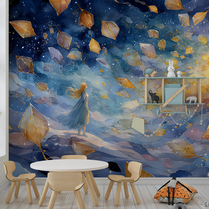 Børneværelse tapet | Oplyst drøm og gyldne blade