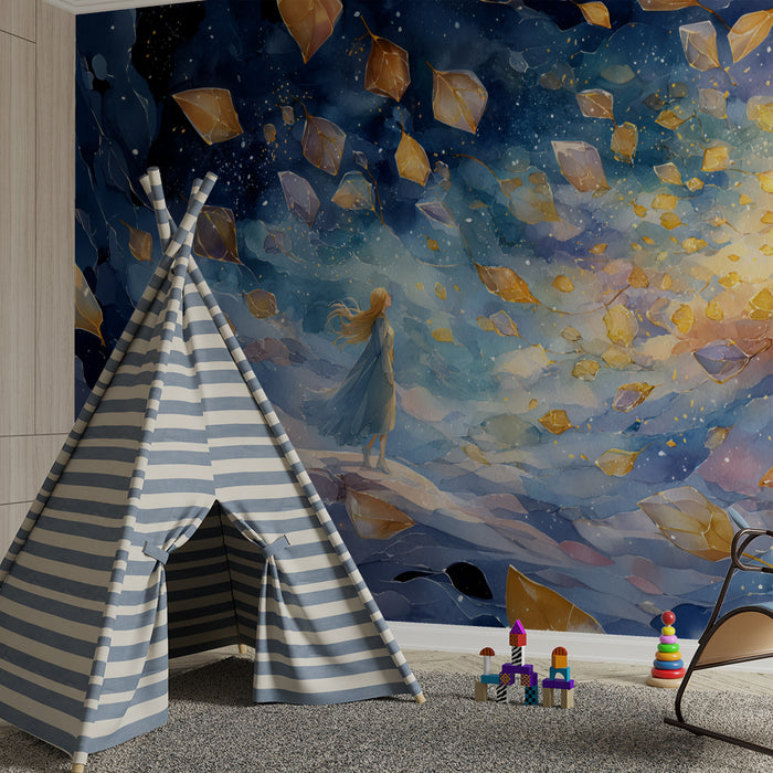 Børneværelse tapet | Oplyst drøm og gyldne blade