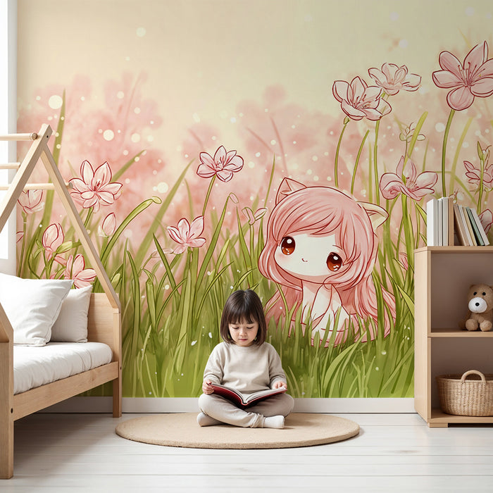 Papier peint féerique | Paysage floral avec personnage mignon