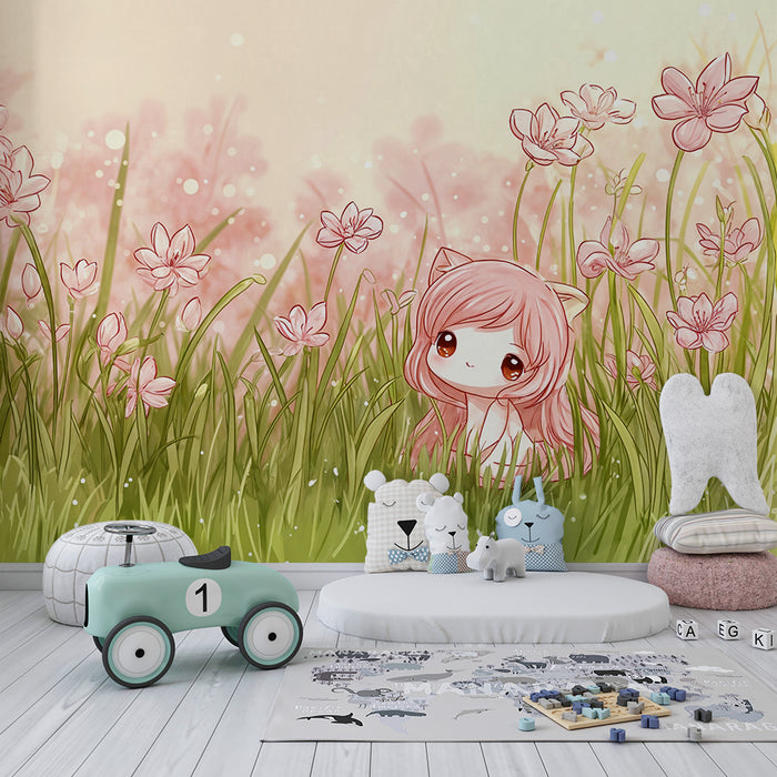 Papier peint féerique | Paysage floral avec personnage mignon