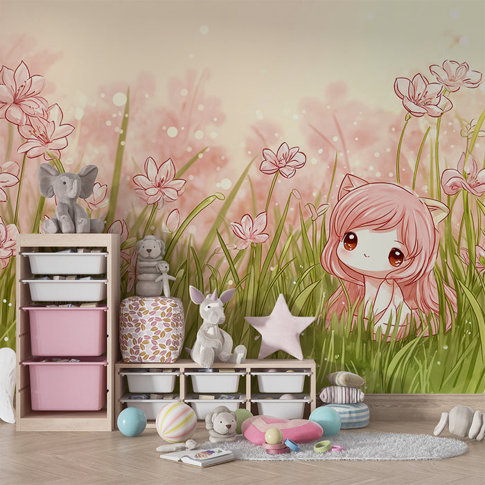 Papier peint féerique | Paysage floral avec personnage mignon