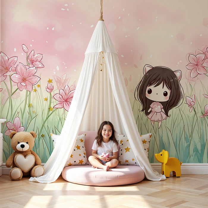 Papier peint kawaii | Motif fleuri pastel