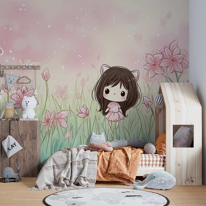 Papier peint kawaii | Motif fleuri pastel