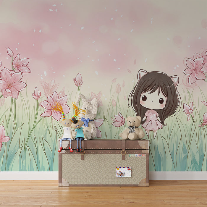 Papier peint kawaii | Motif fleuri pastel