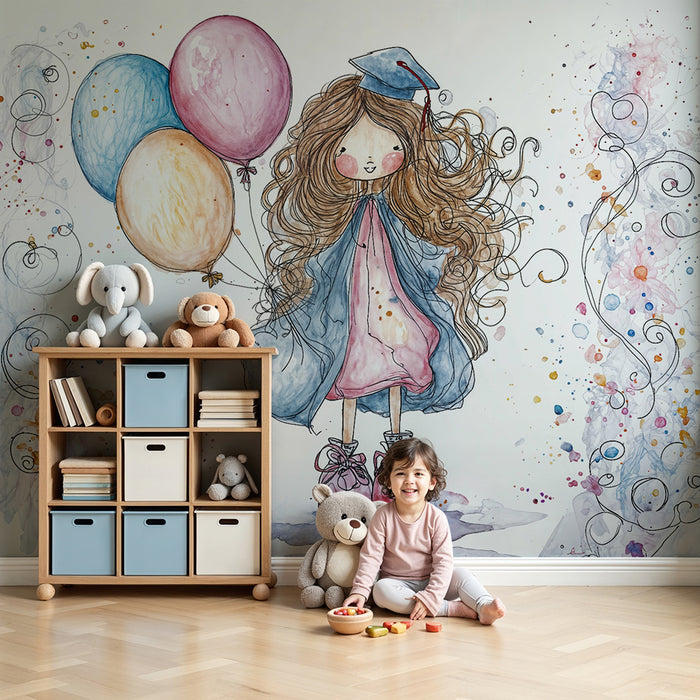 Papier peint illustration fille | Design aquarelle et ballons