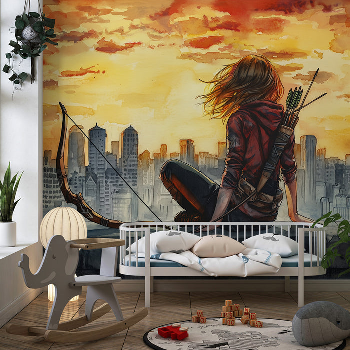 Kinderkamer behang | Stedelijk avontuur bij zonsondergang