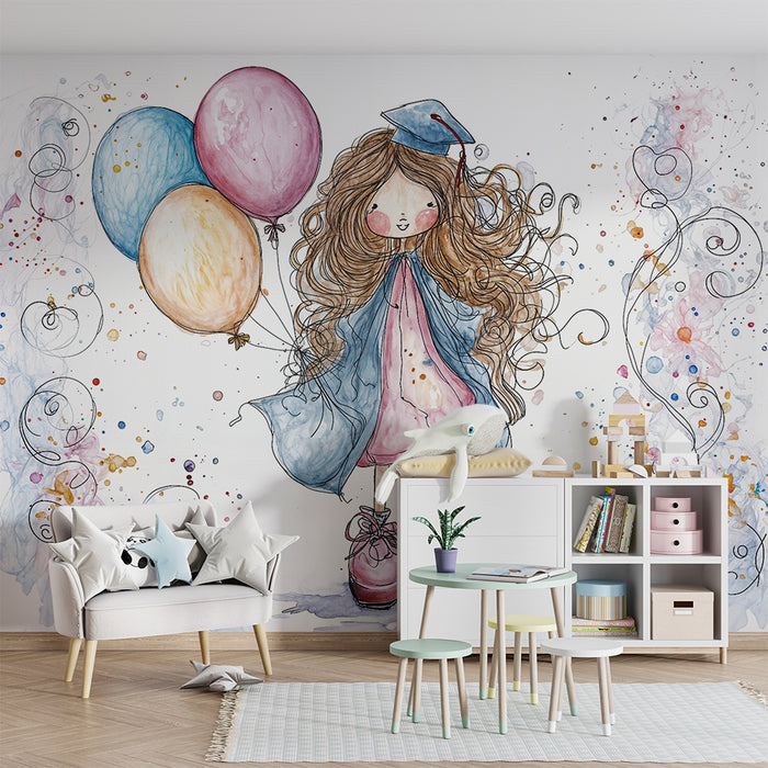 Papier peint illustration fille | Design aquarelle et ballons
