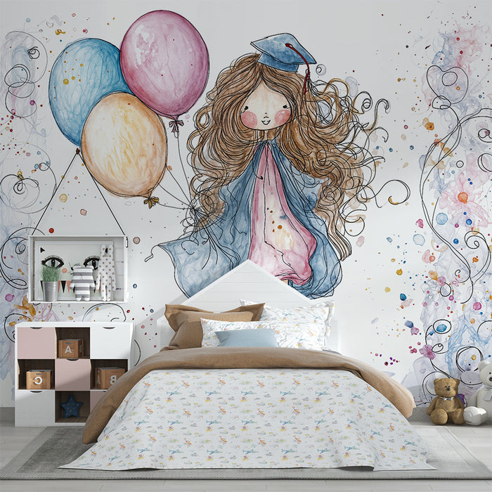 Papier peint illustration fille | Design aquarelle et ballons