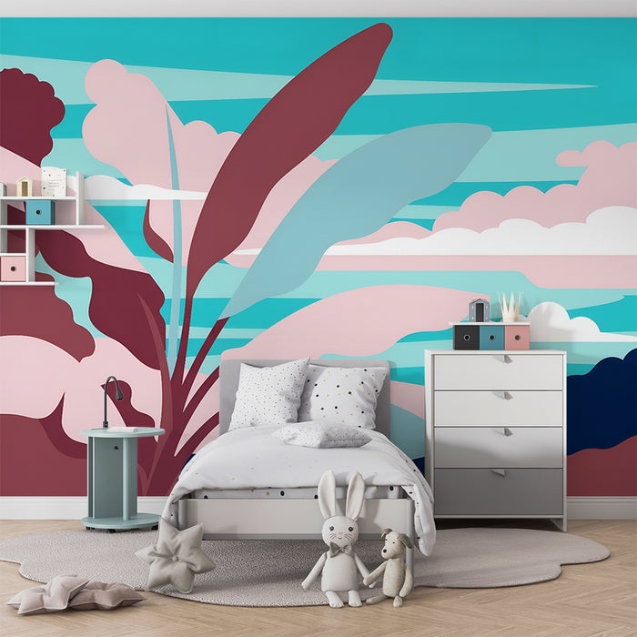 Lastenhuoneen tapetti | Pastellinen trooppinen maisema