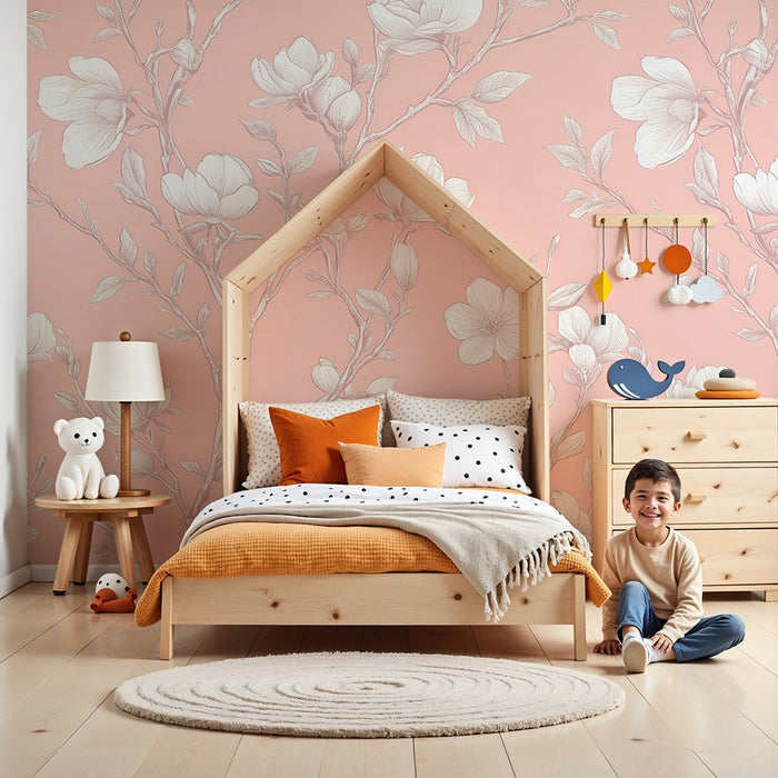 Papier peint chambre enfant | Fleurs vintage sur fond rose