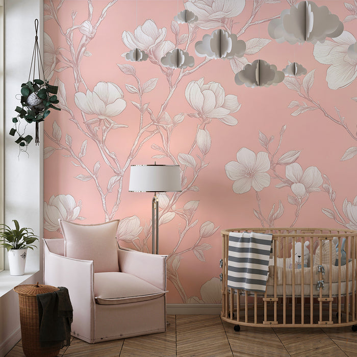 Papier peint chambre enfant | Fleurs vintage sur fond rose