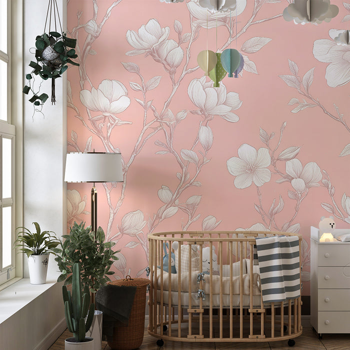 Papier peint chambre enfant | Fleurs vintage sur fond rose