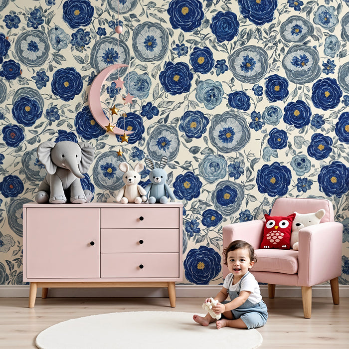 Papier peint chambre enfant | Fleurs bleues vintages