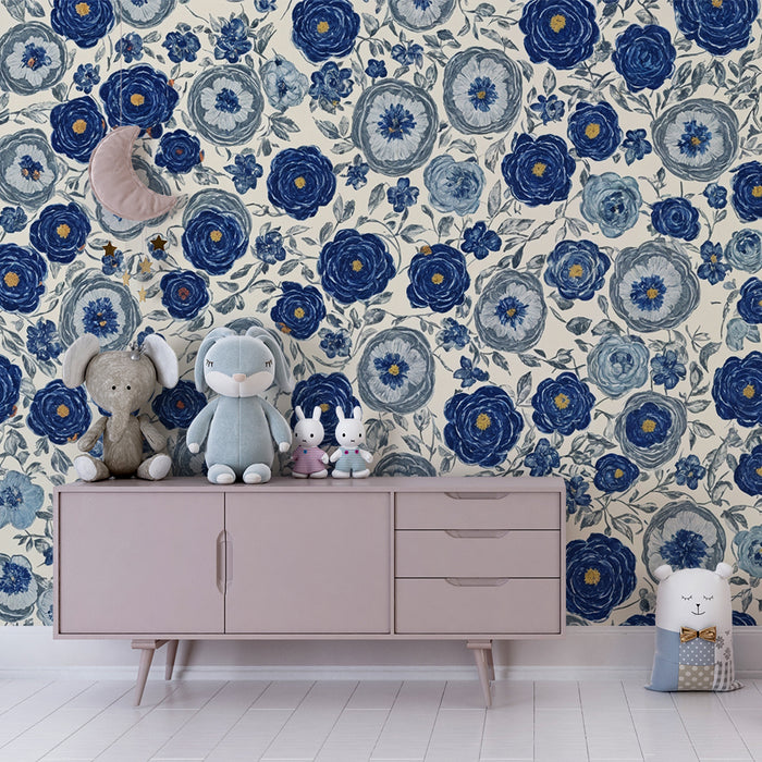 Papier peint chambre enfant | Fleurs bleues vintages