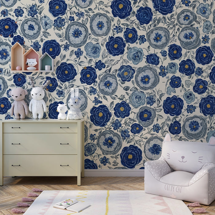 Papier peint chambre enfant | Fleurs bleues vintages