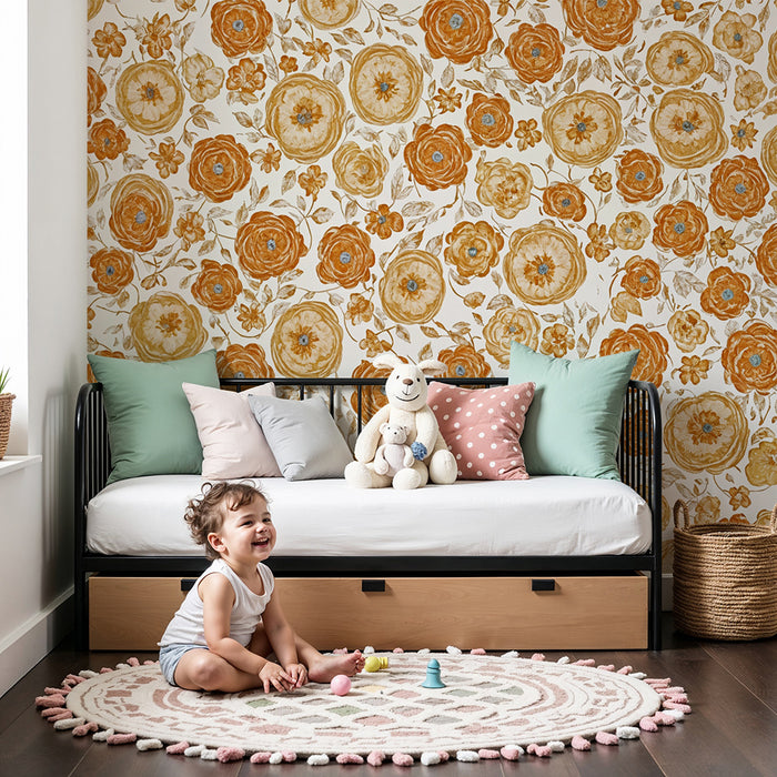 Papier peint chambre enfant | Fleurs vintage en tons chauds