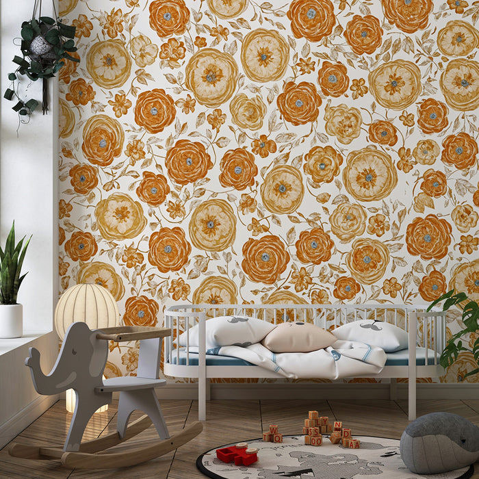 Papier peint chambre enfant | Fleurs vintage en tons chauds