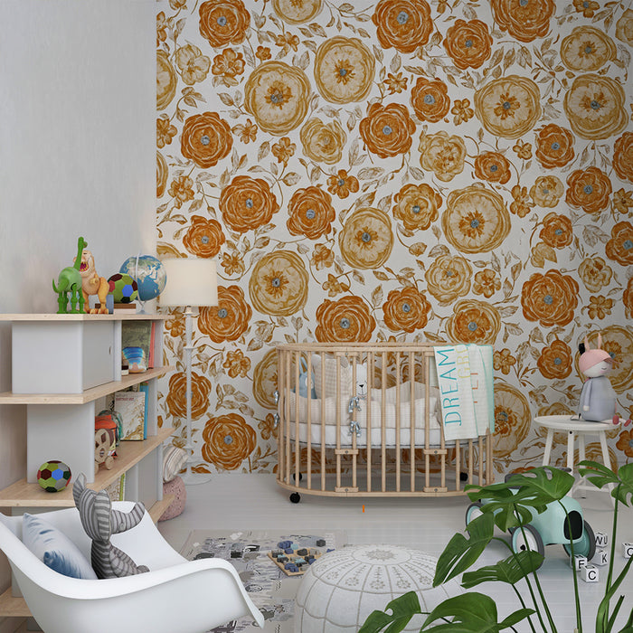 Papier peint chambre enfant | Fleurs vintage en tons chauds
