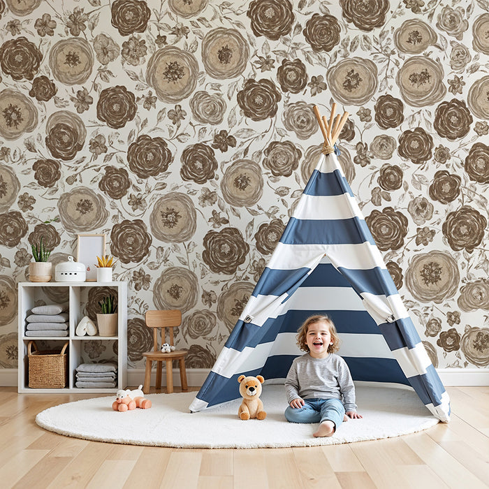 Papier peint chambre enfant | Fleurs vintage en sépia