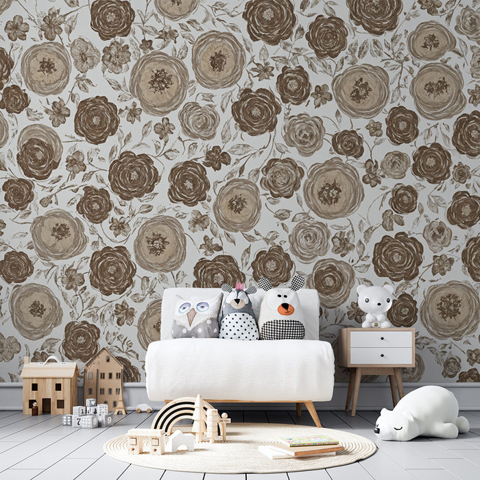 Papier peint chambre enfant | Fleurs vintage en sépia