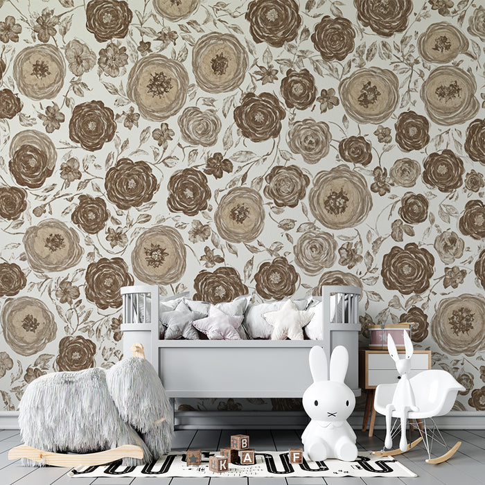 Papier peint chambre enfant | Fleurs vintage en sépia