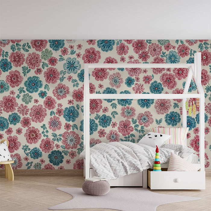 Papier peint chambre bébé | Fleurs vintage rose et bleu