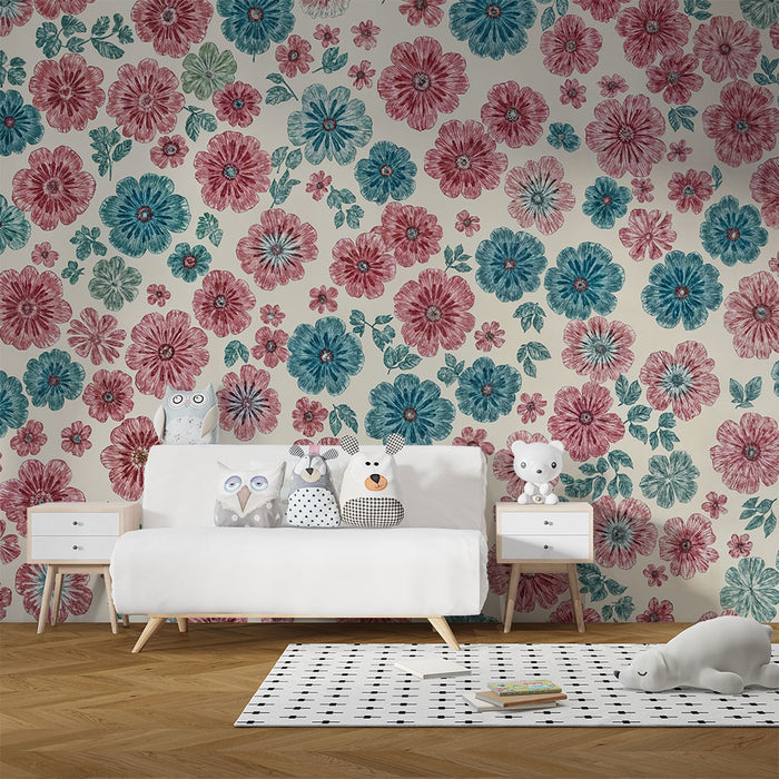Papier peint chambre bébé | Fleurs vintage rose et bleu