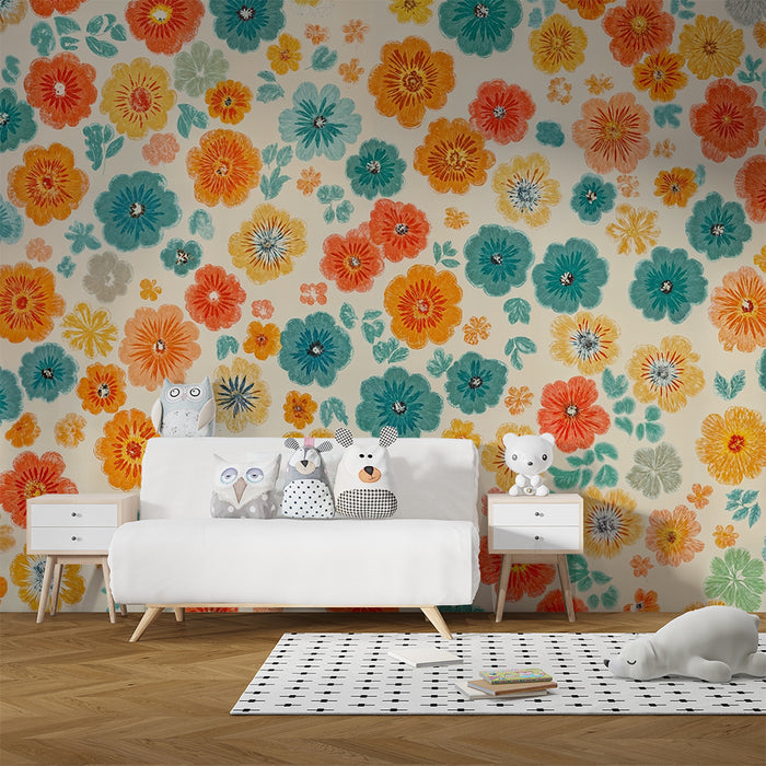 Barntapet | Ljusa flerfärgade blommor