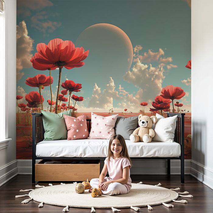 Lastenhuoneen tapetti | Punainen kukkaisunelma